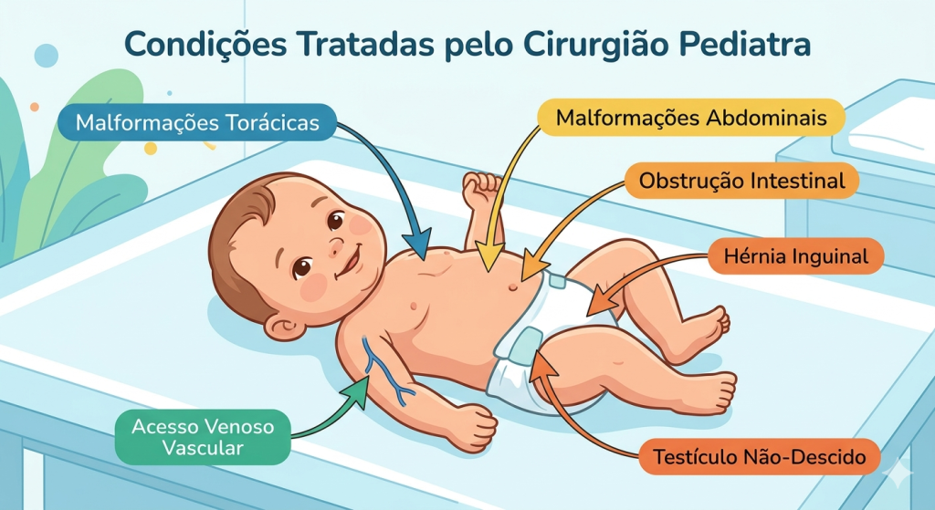 Condições tratadas pelo cirurgião pediatra
