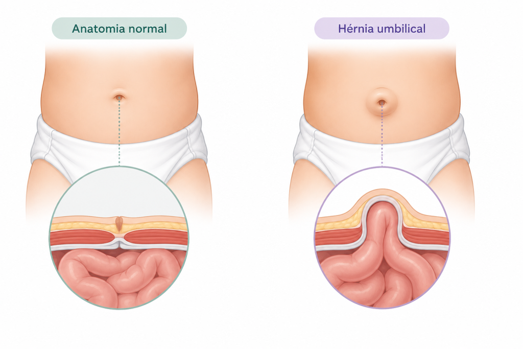 Imagem explicativa normal X hérnia umbilical